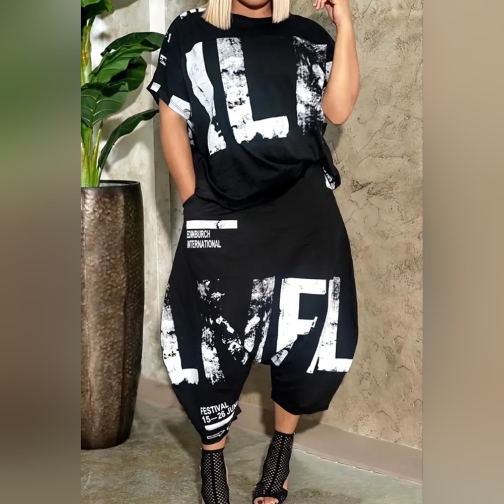 Women's Y2K Outfits Set, Plus Size Letter Graphic Outfit